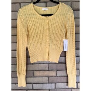 No Comment Yellow Cable Knit Button Front Cardigan Soft Sweater Size Medium NWT